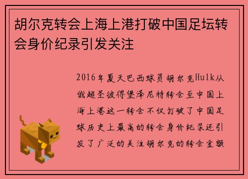 胡尔克转会上海上港打破中国足坛转会身价纪录引发关注